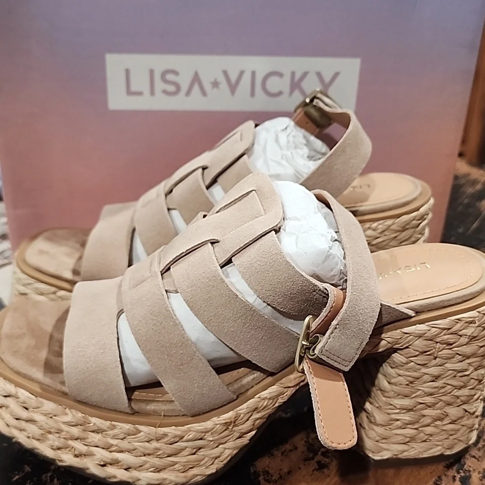 Lisa & Vicky Just -V Tan Carmel Strappy Suede Platform Women Size 8